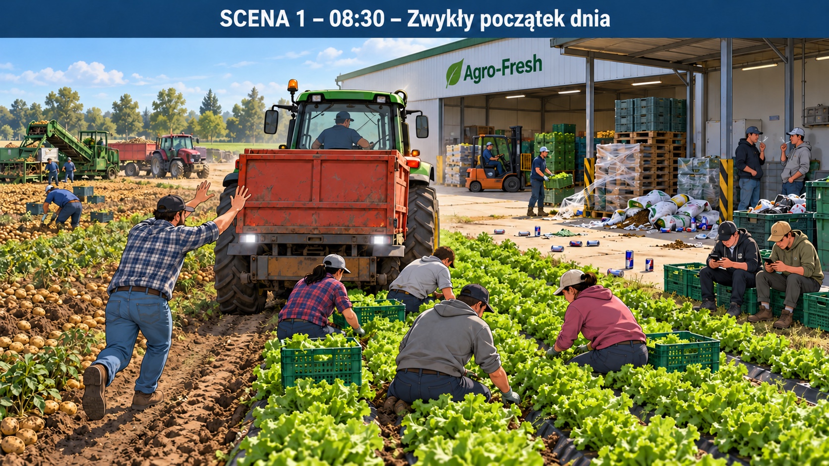 Scena na polu Z3: ciągnik cofa w pobliżu pracowników